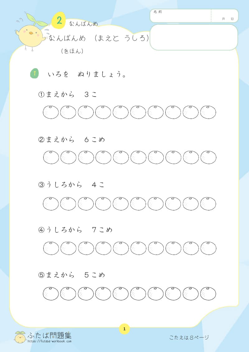 小学1年生の算数プリント なんばんめ (まえと うしろ)