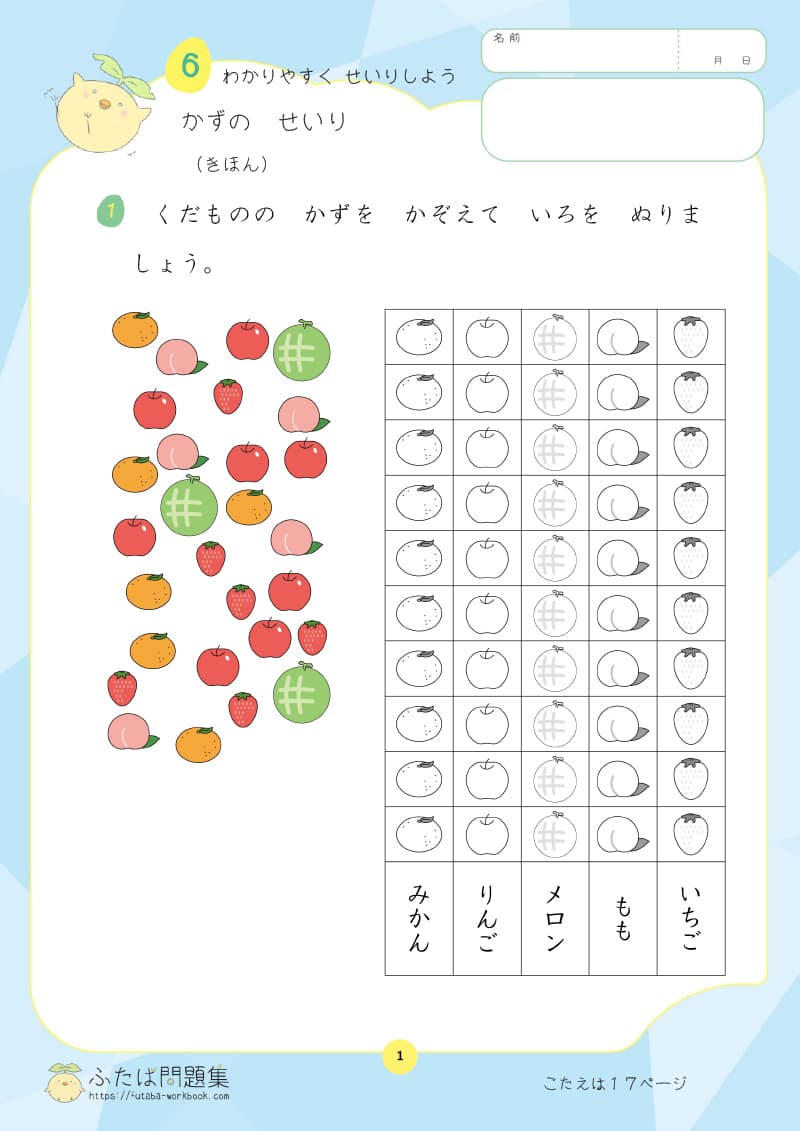 小学1年生の算数プリント かずの　せいり