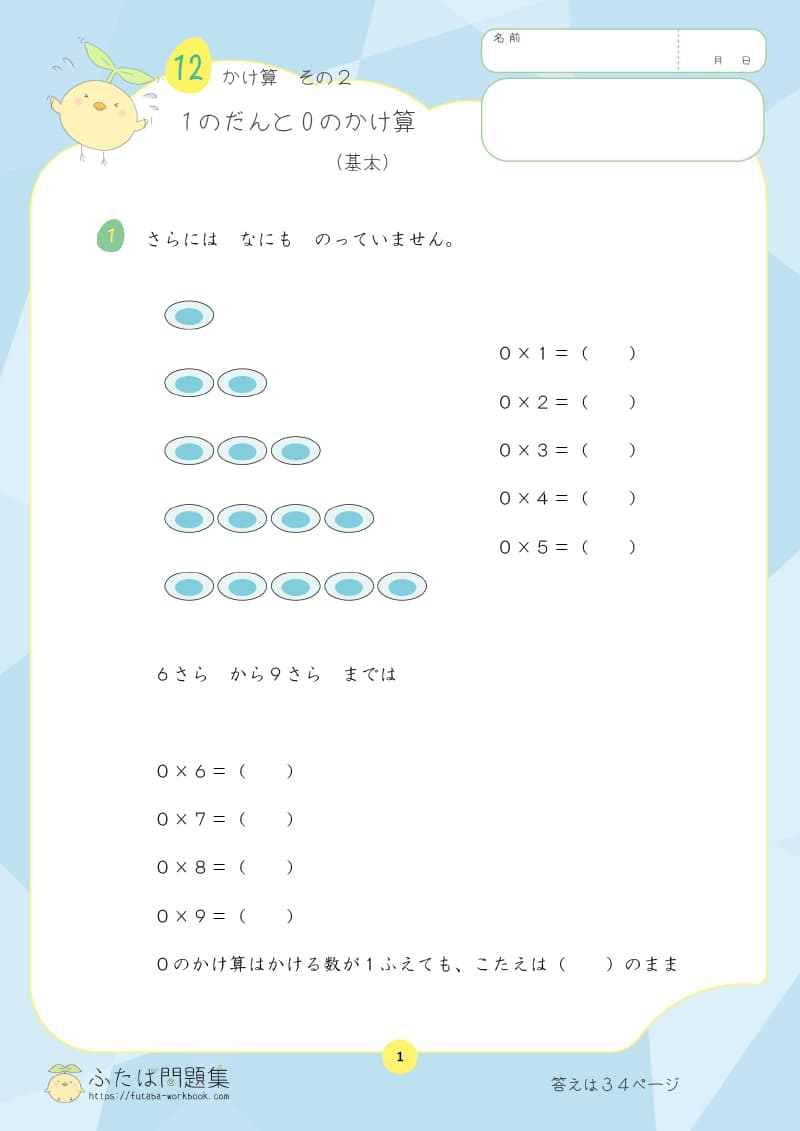 小学2年生の算数プリント問題集　1のだんと0のかけ算