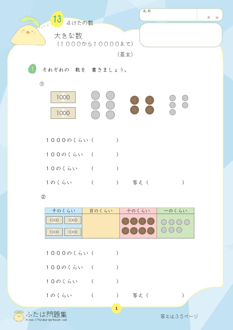 小学2年生の算数プリント問題集　大きな数（１０００から１００００まで）