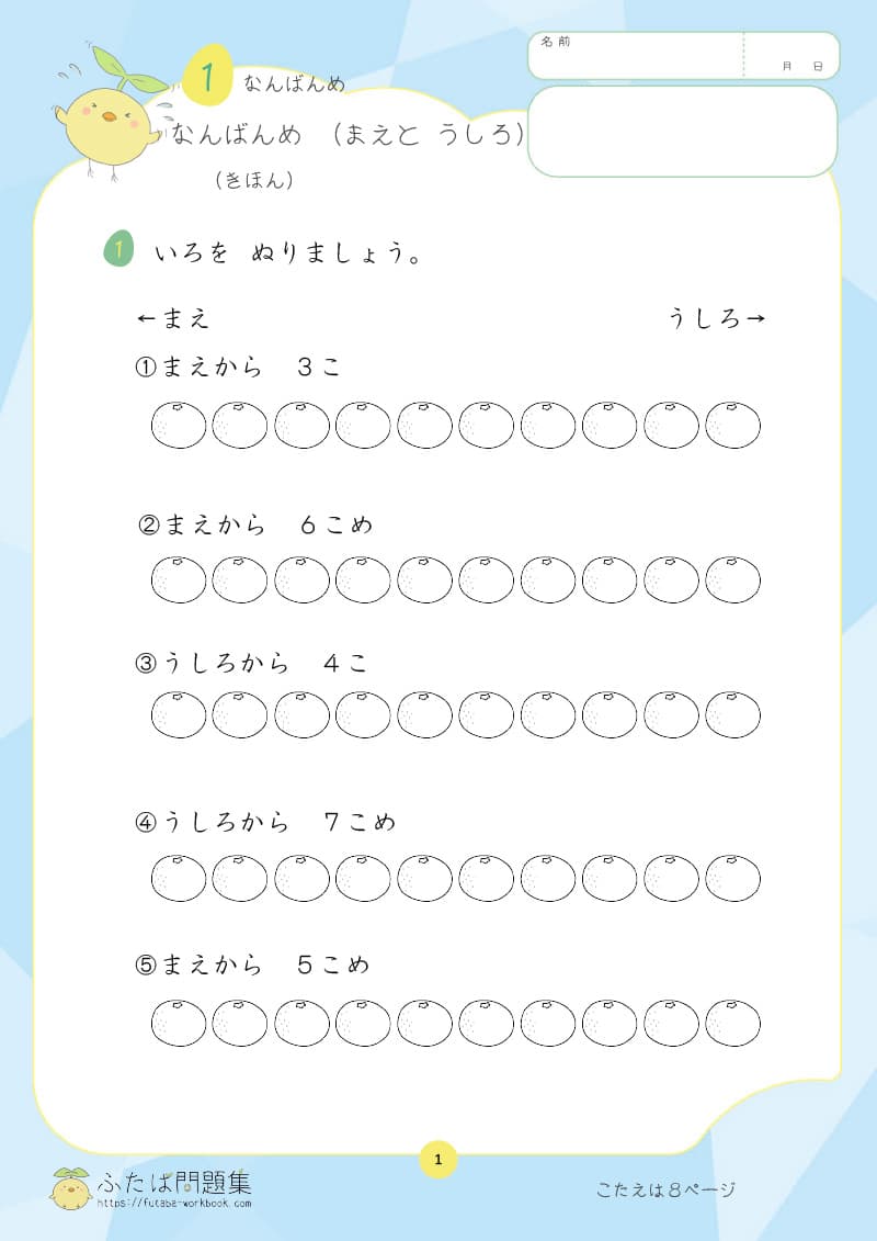 小学1年生の算数プリント なんばんめ (まえと うしろ)