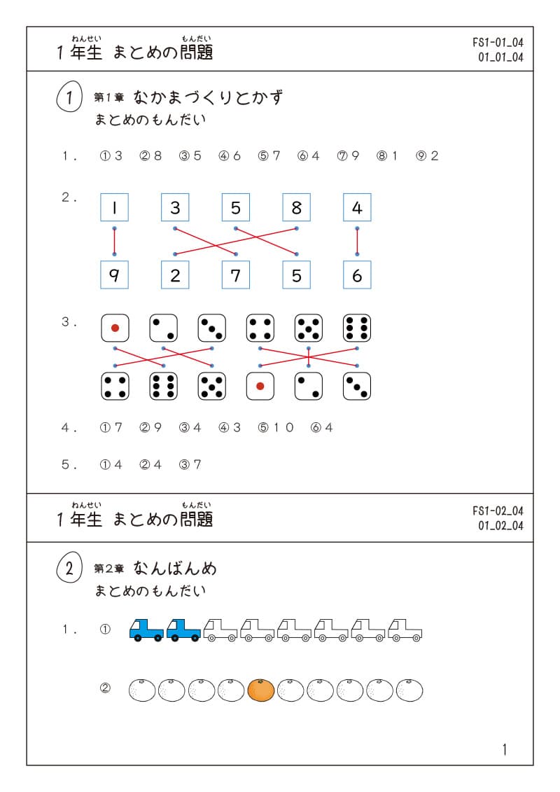 小学1年生の算数プリント まとめの問題　解答