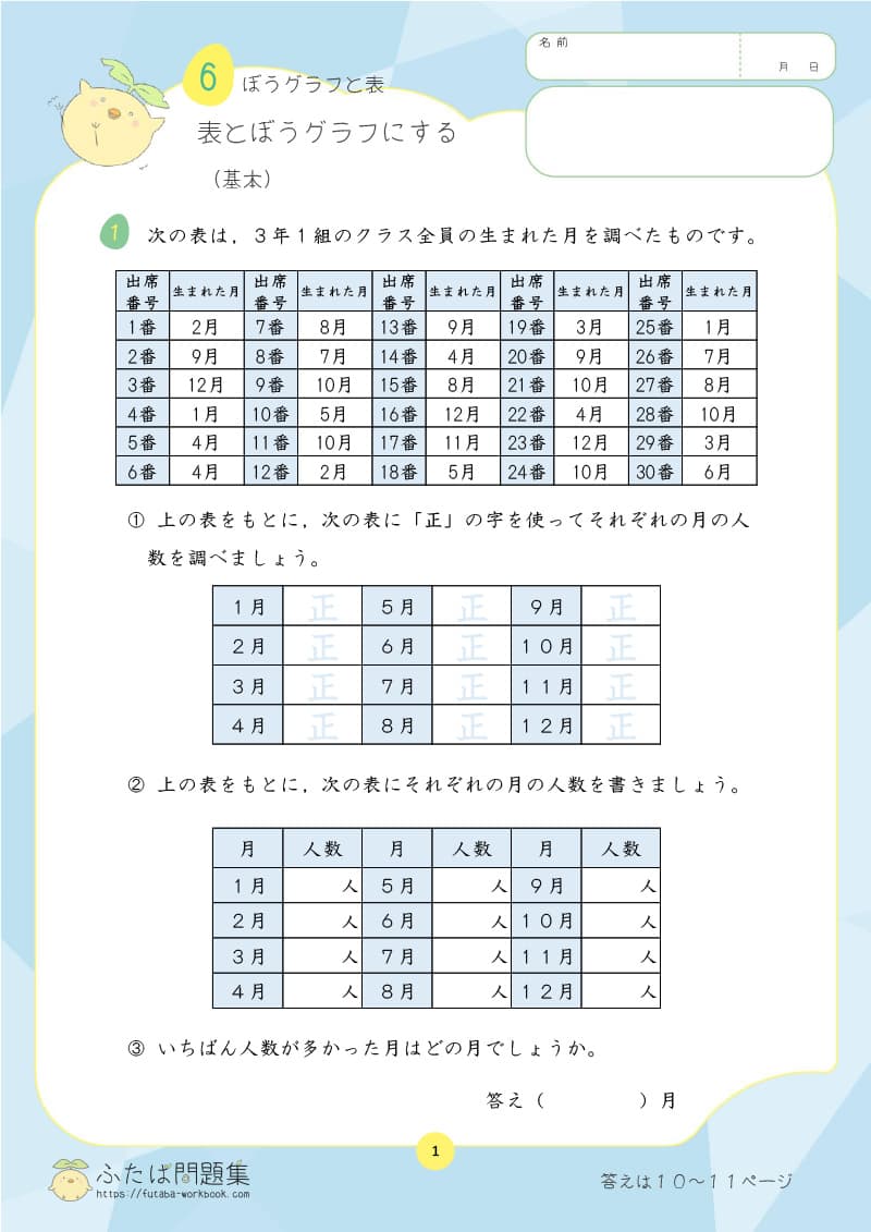 小学3年生の算数プリント問題集　表とぼうグラフにする