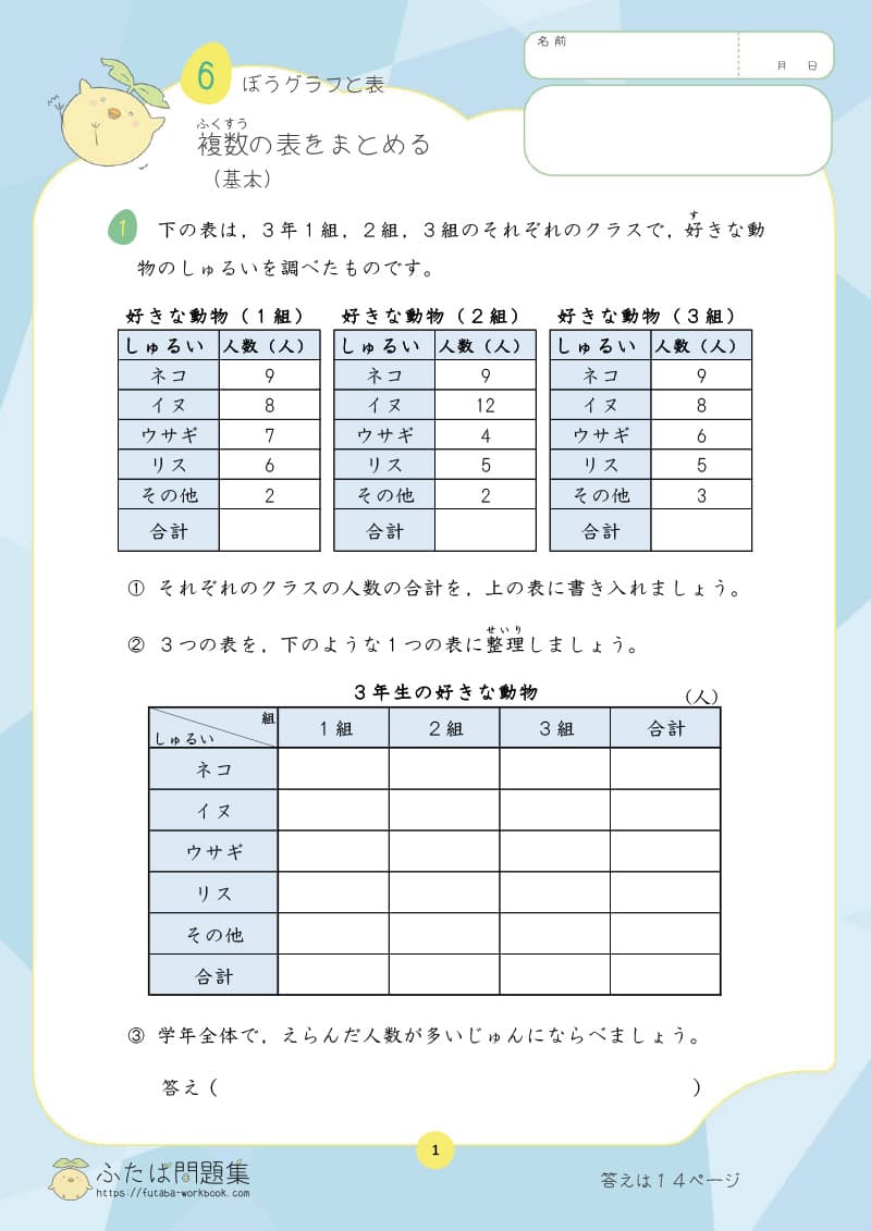 小学3年生の算数プリント問題集　複数の表をまとめる